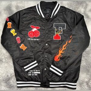 Rue21 Black Bomber Jacket with Red and Orange Details